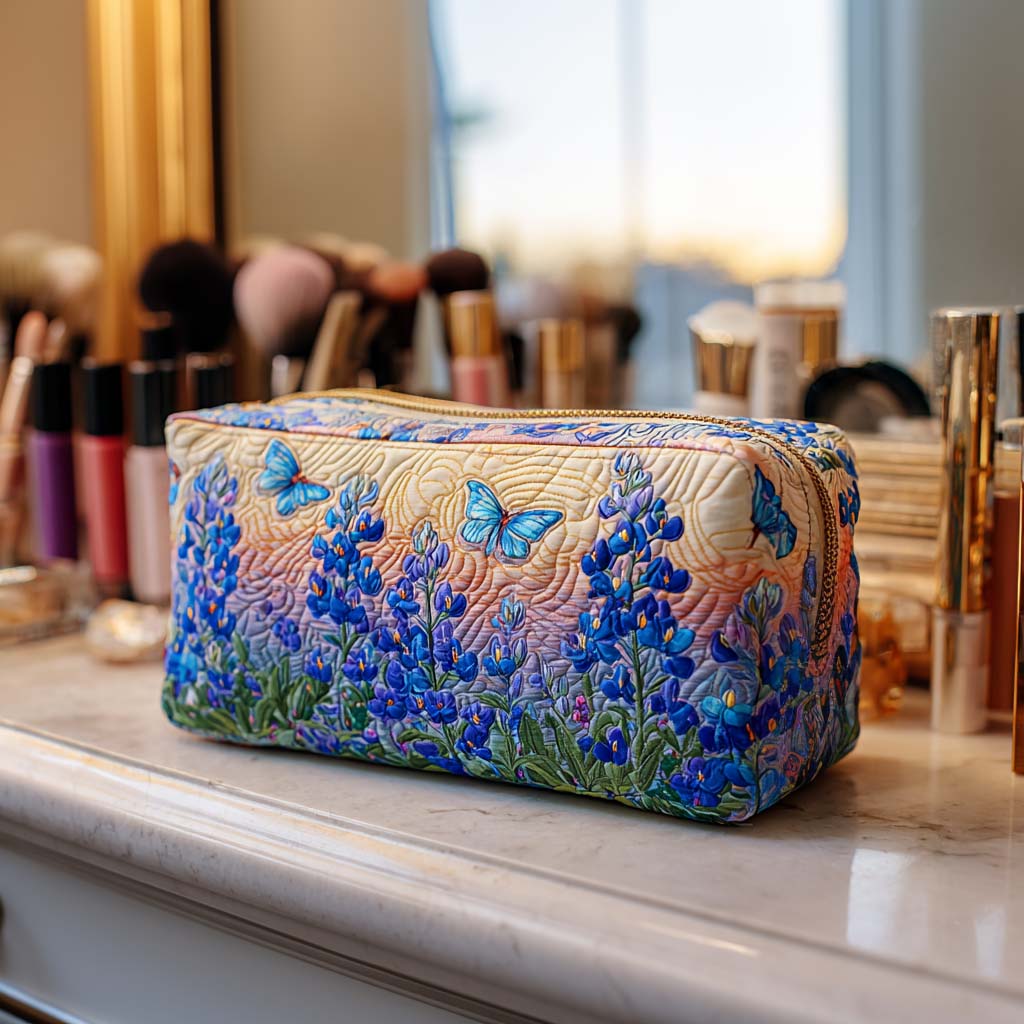 Quilted Makeup Bag with Blue Pattern