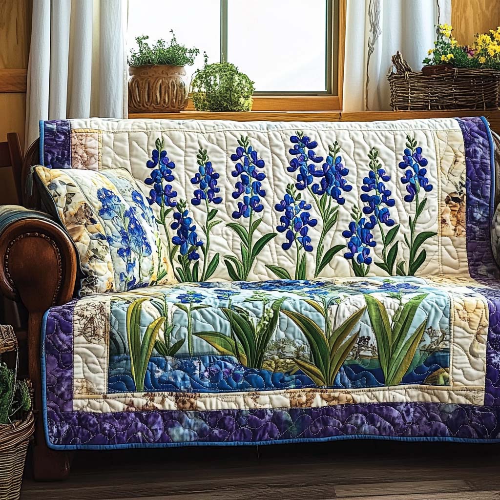 Quilted Sofa Cover – with Blue Wildflowers