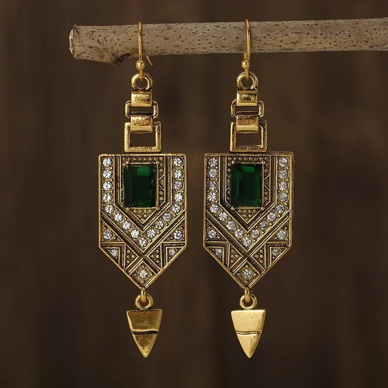 Geometric Retro Earrings in Green | Gold