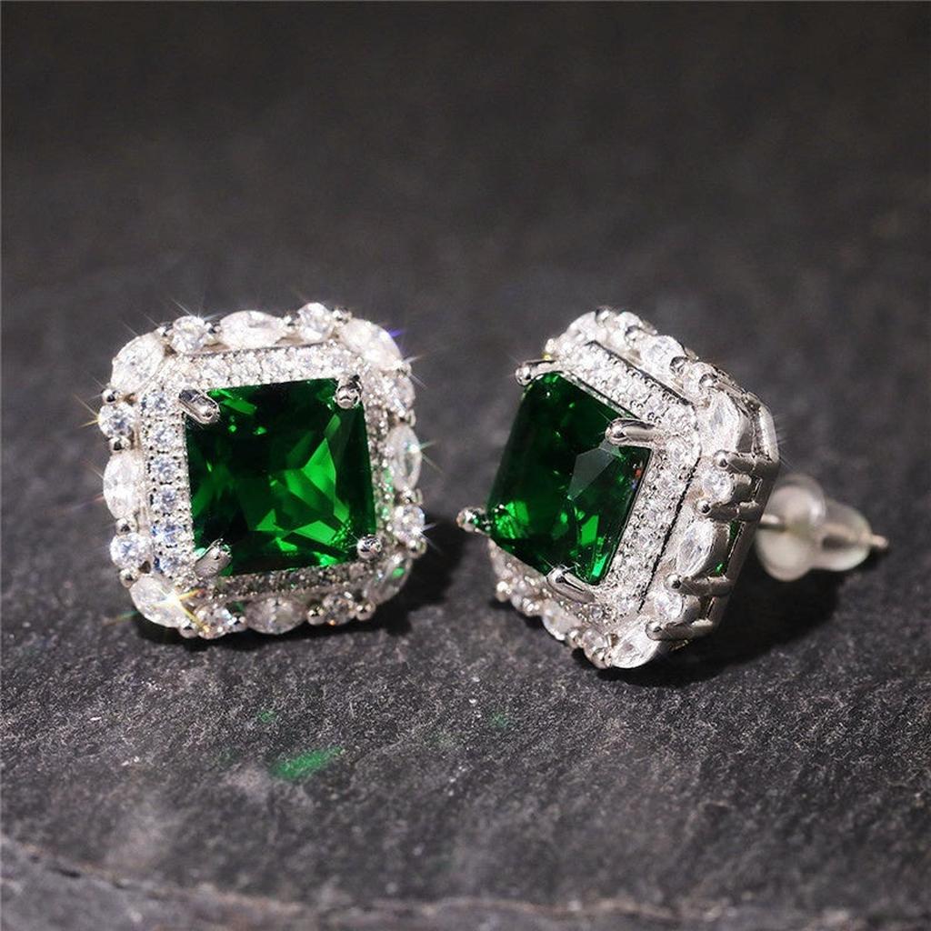 Earrings with Emerald Green Stone and Zirconia