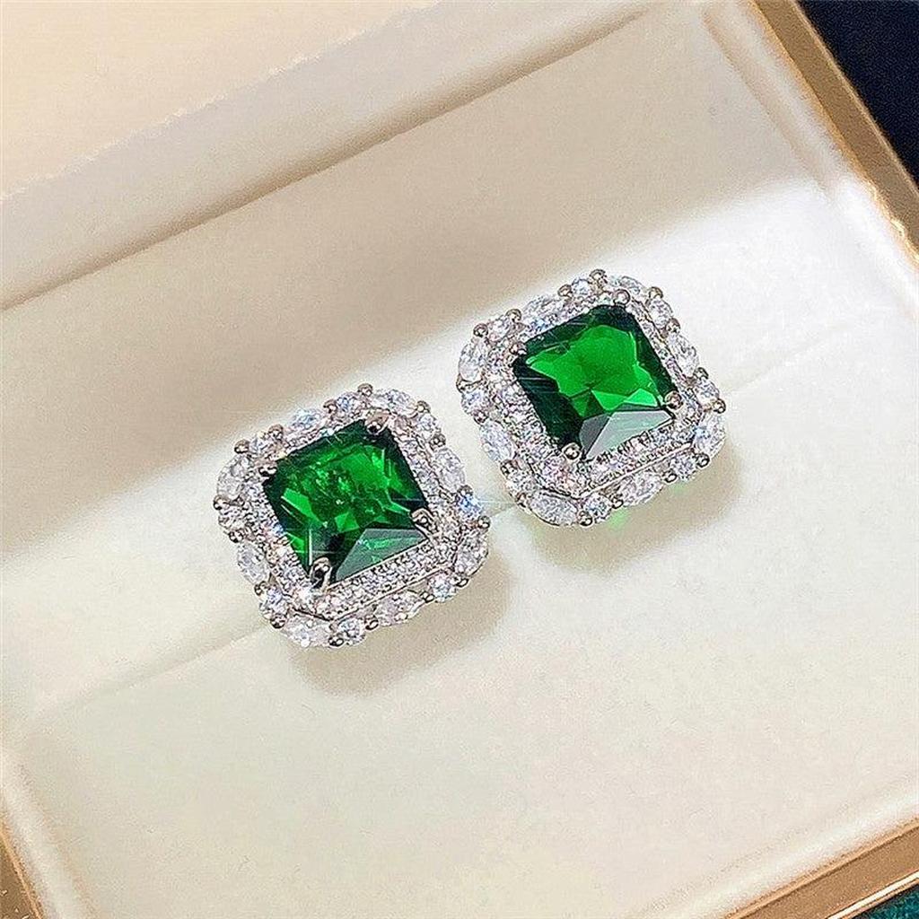 Earrings with Emerald Green Stone and Zirconia