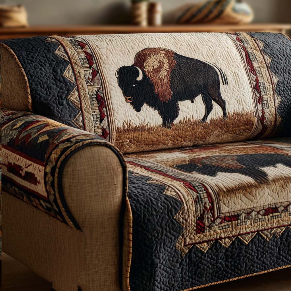 Quilted Sofa Cover with Prairie Bison
