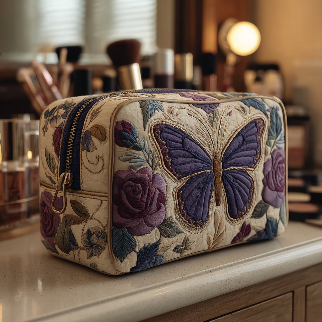 Quilted Makeup Bag with Butterflies and Flowers