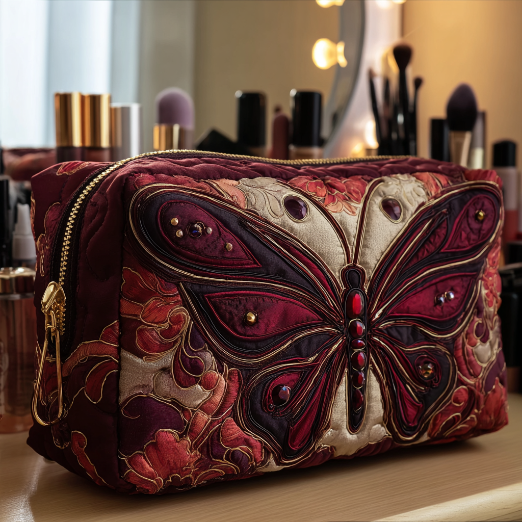 Quilted Makeup Bag with Butterfly Garden