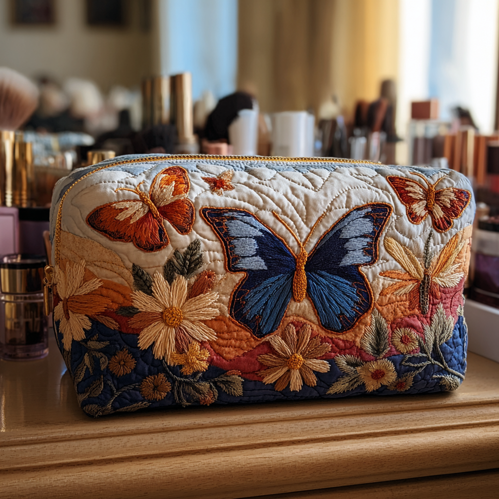 Quilted Makeup Bag with Elegant Butterflies