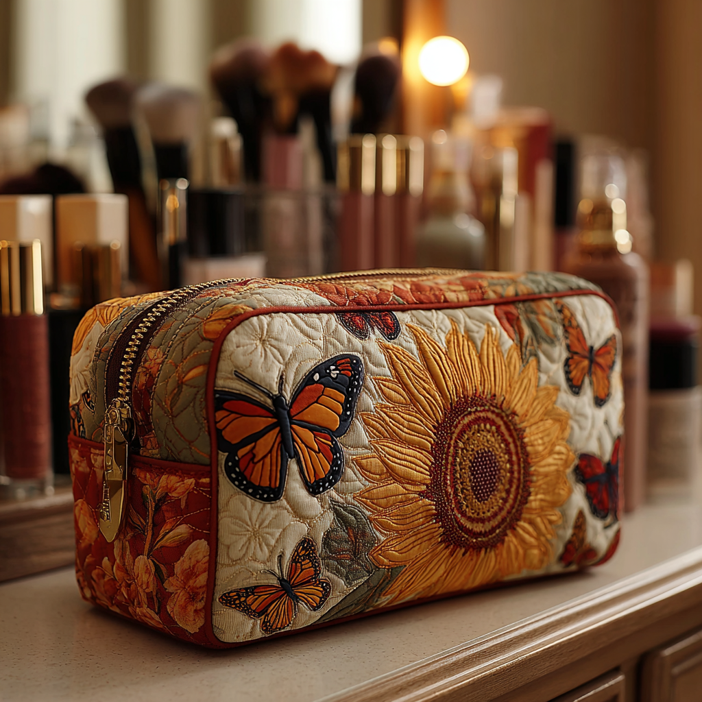 Quilted Makeup Bag with Delicate Butterflies