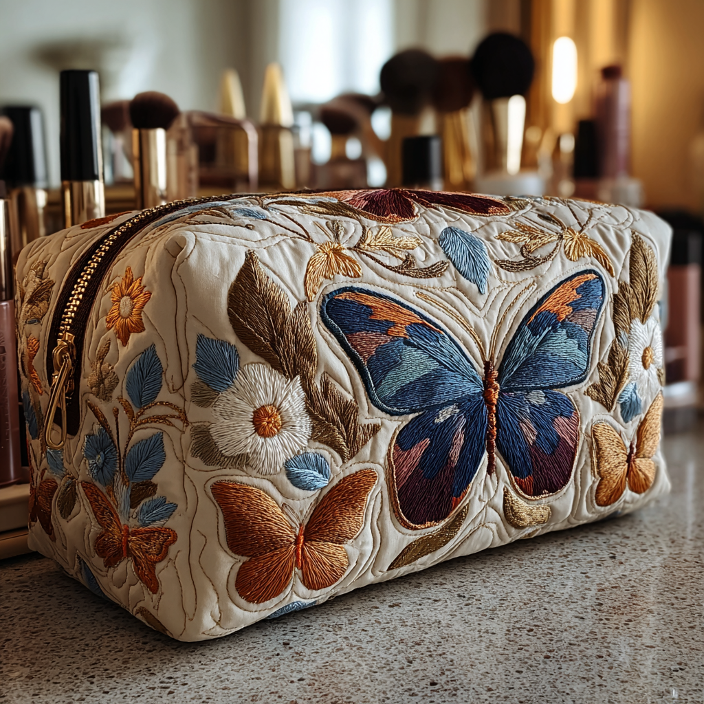 Quilted Makeup Bag with Delicate Butterflies