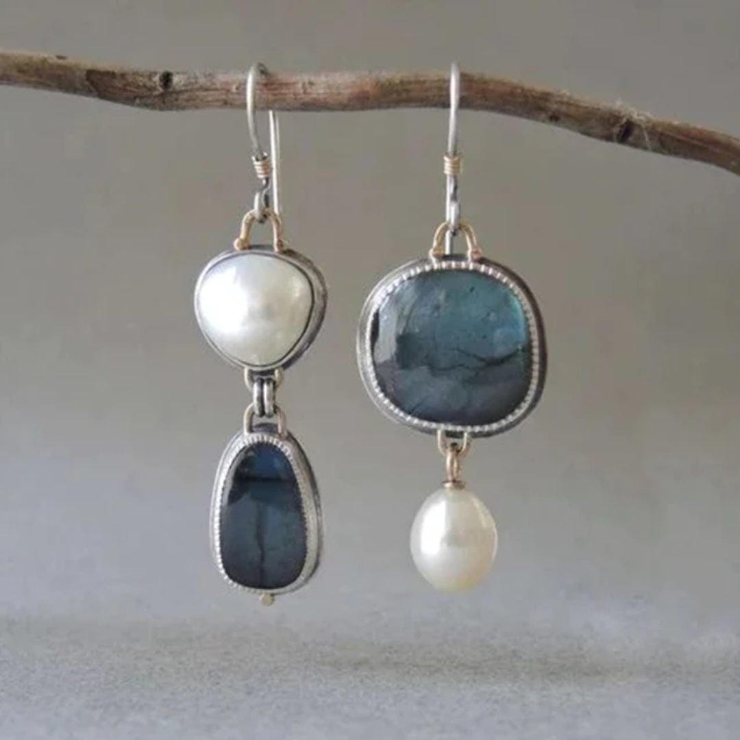 Asymmetric Earrings with Blue Stones and Pearl