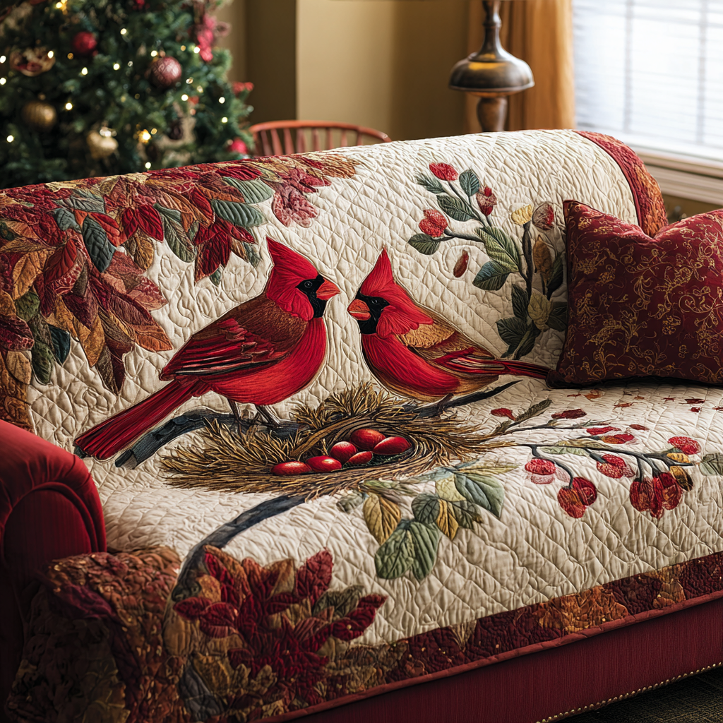 Quilted Sofa Cover with Cardinals