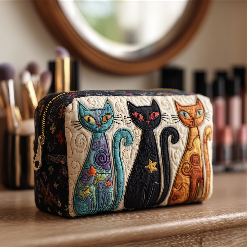 Quilted Makeup Bag with Glowing Cat
