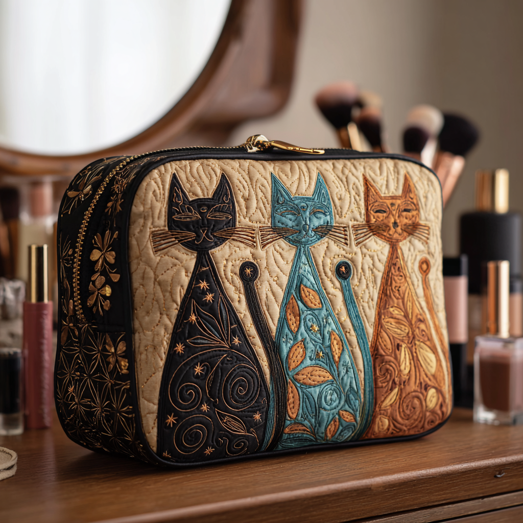 Quilted Makeup Bag with Harmonious Cat