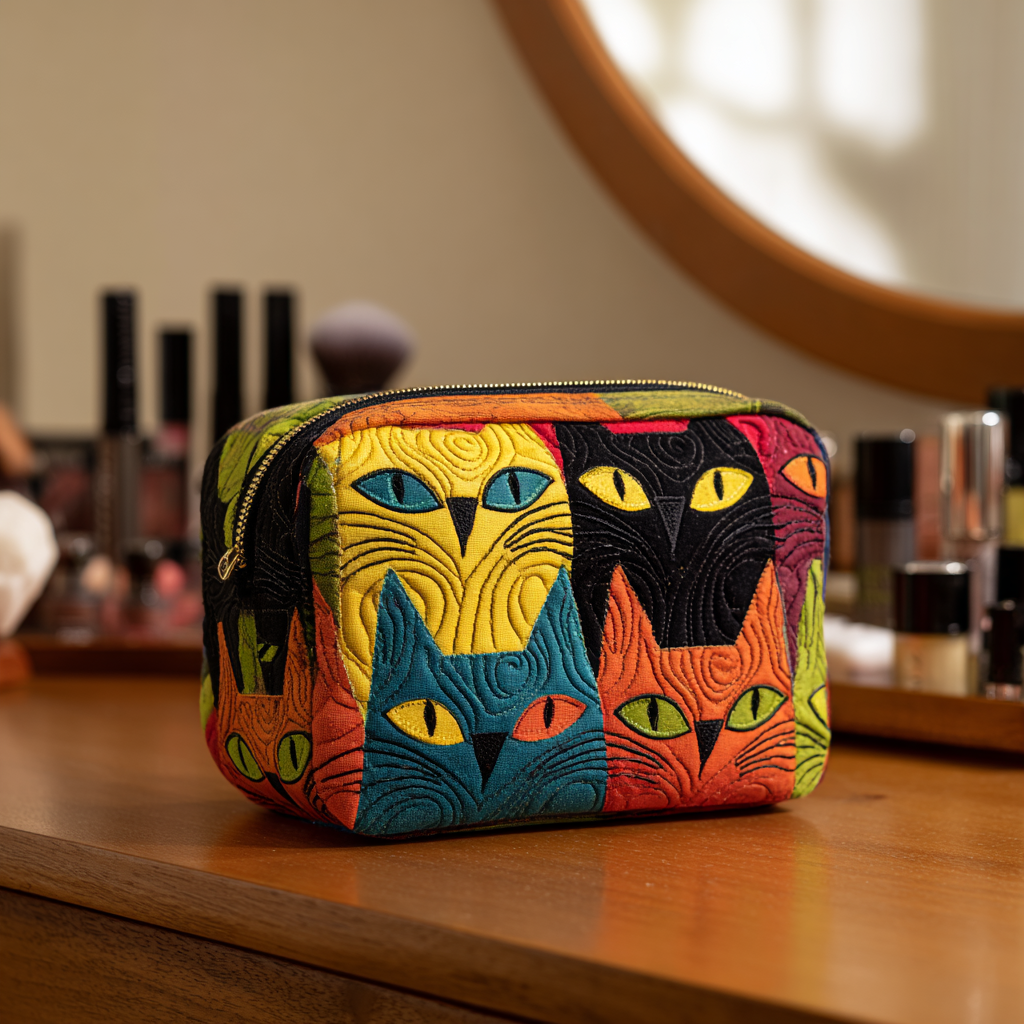 Quilted Makeup Bag with Magical Cat