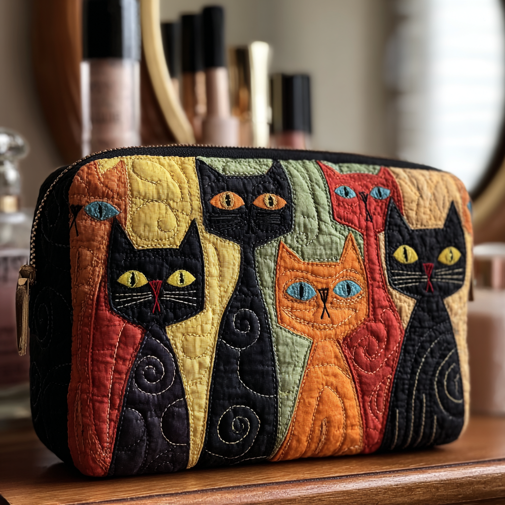 Quilted Makeup Bag with Decorative Cat