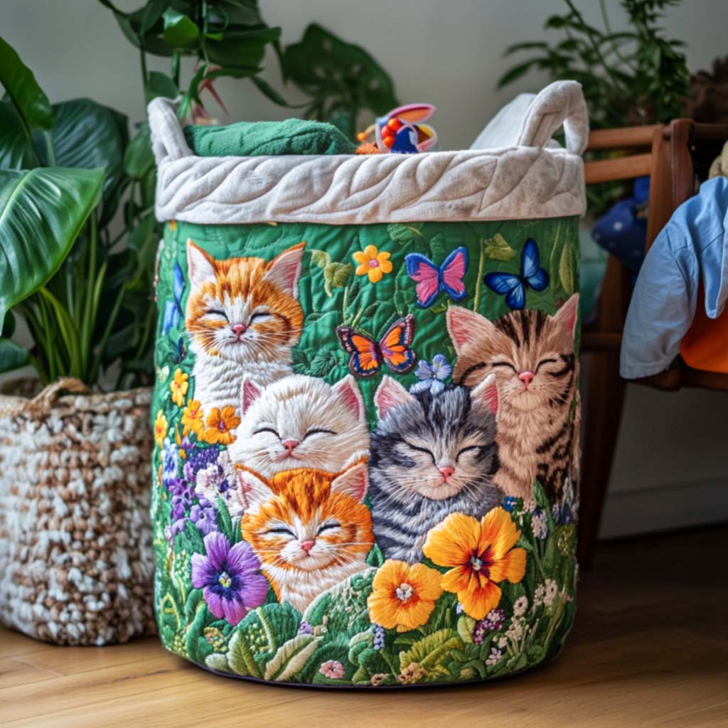 Quilted Laundry Basket with Cosy Cat
