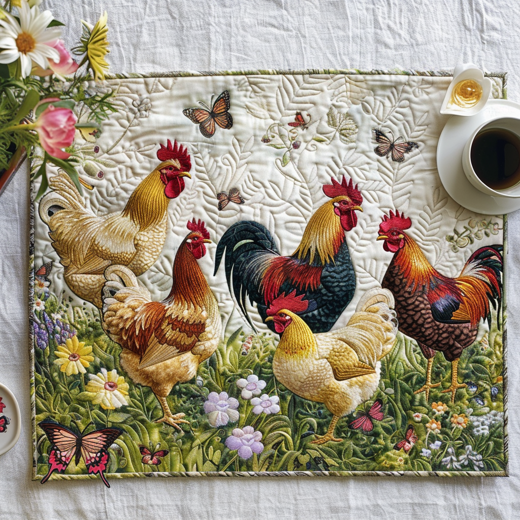 Quilted Placemats with Charming Chickens and Flowers