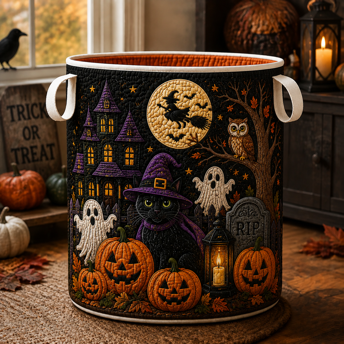 Quilted Laundry Basket – Halloween Owl, Ghost and Cat