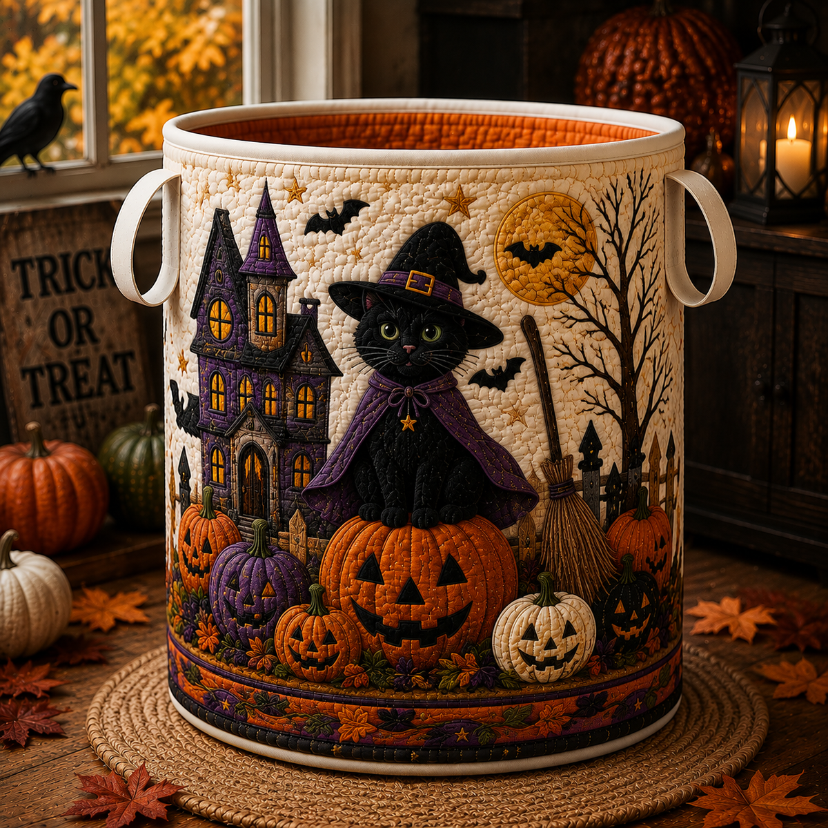 Quilted Laundry Basket – Witch Cat at the Haunted House