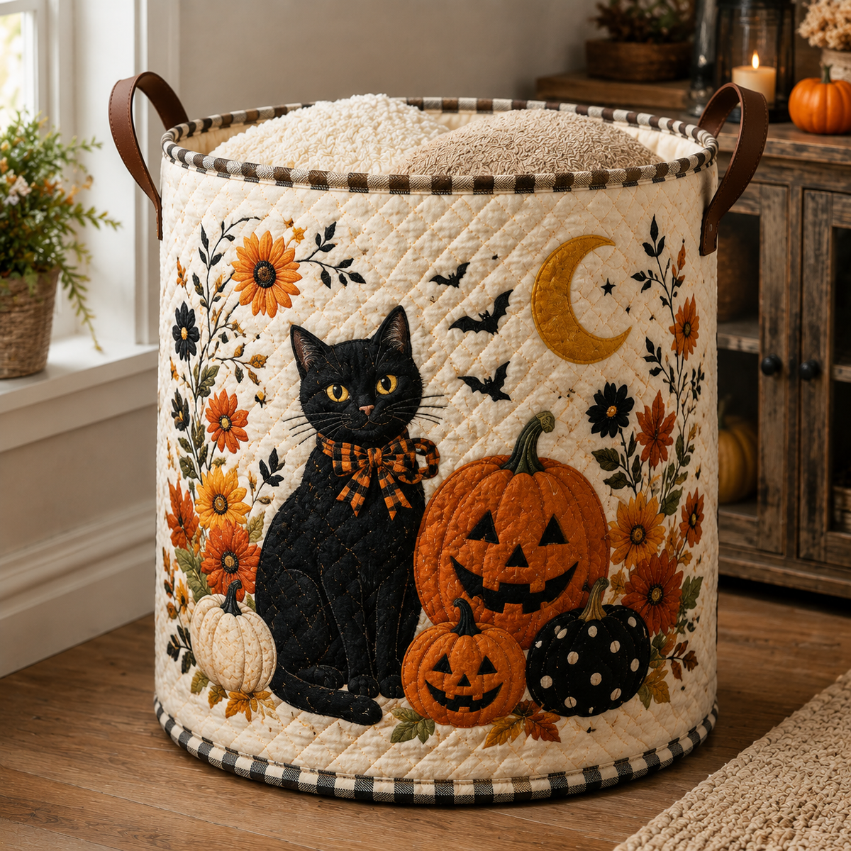 Quilted Laundry Basket – Black Cat and Autumn Pumpkins