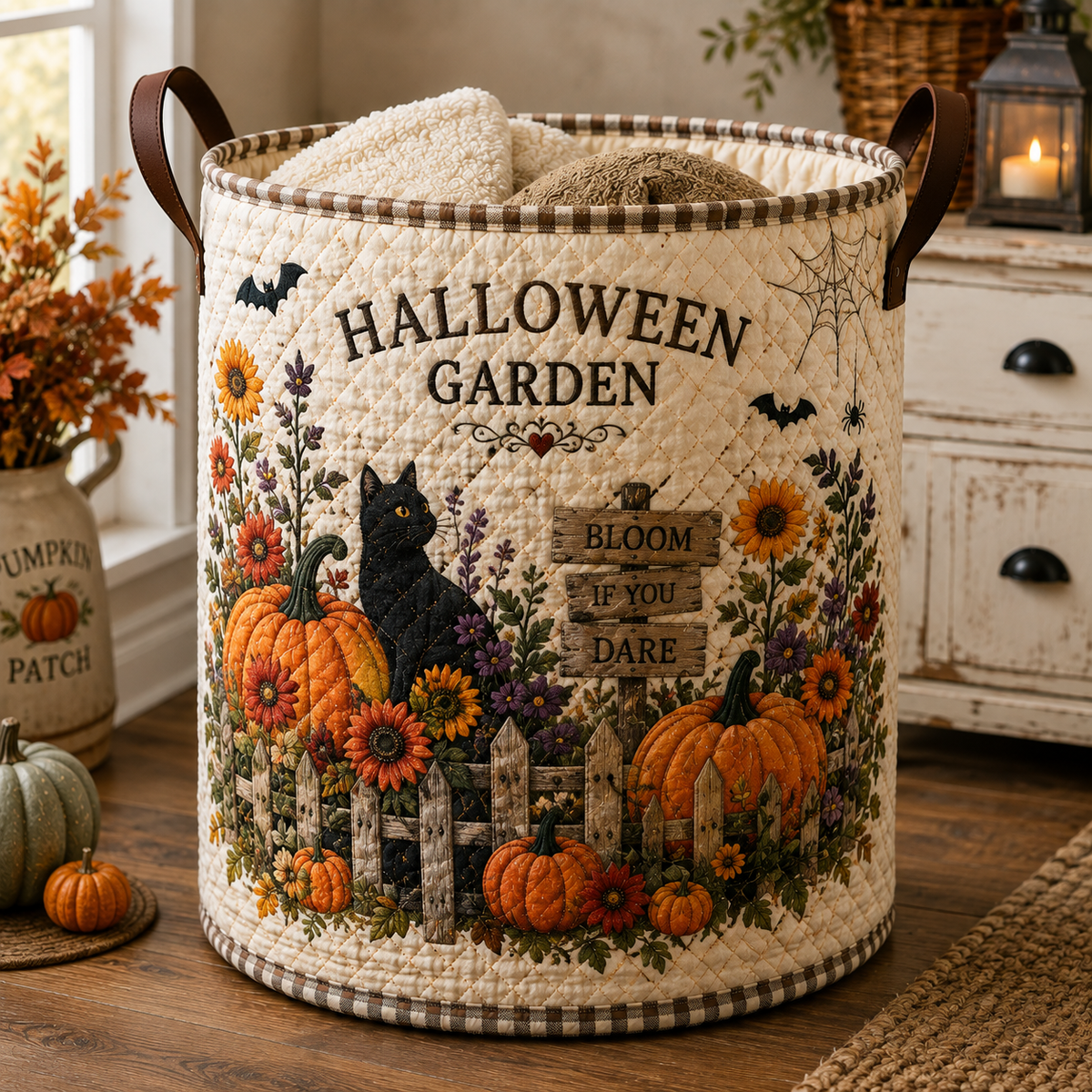 Quilted Laundry Basket – Cat in the Halloween Garden