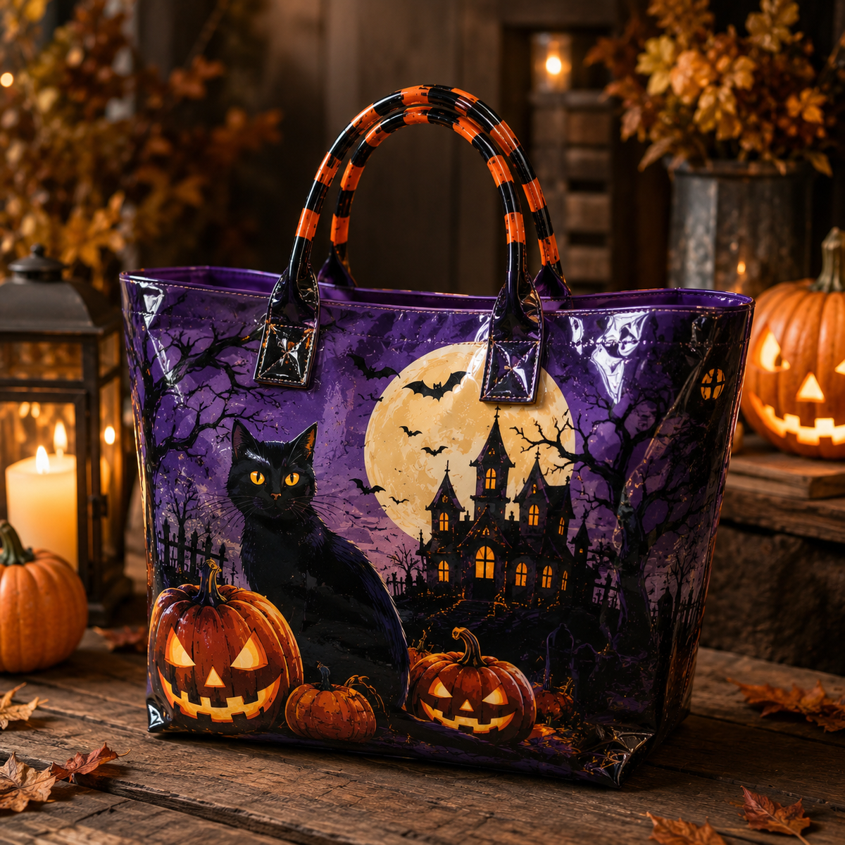 PVC Tote Bag – Black Cat, Pumpkins and Halloween Moon