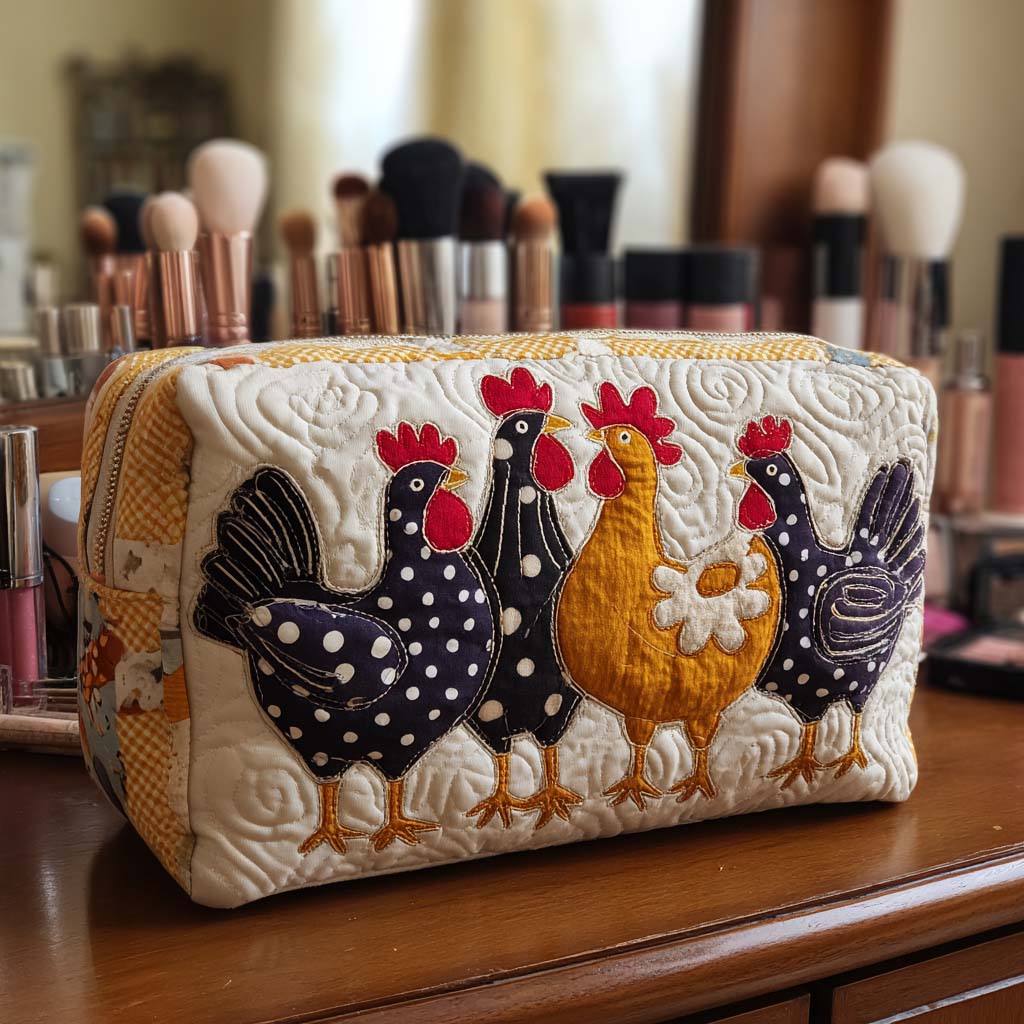 Quilted Makeup Bag with Happy Hen