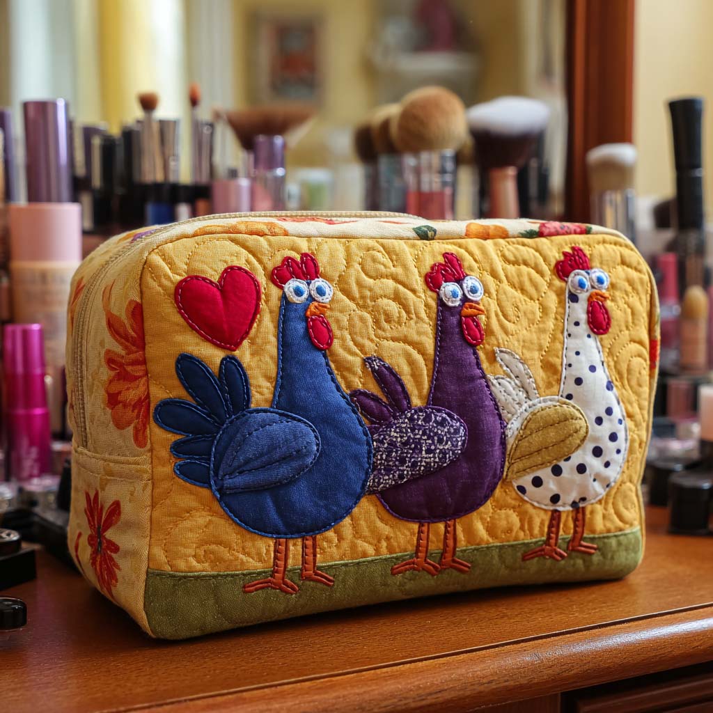 Quilted Makeup Bag with Decorative Chicken