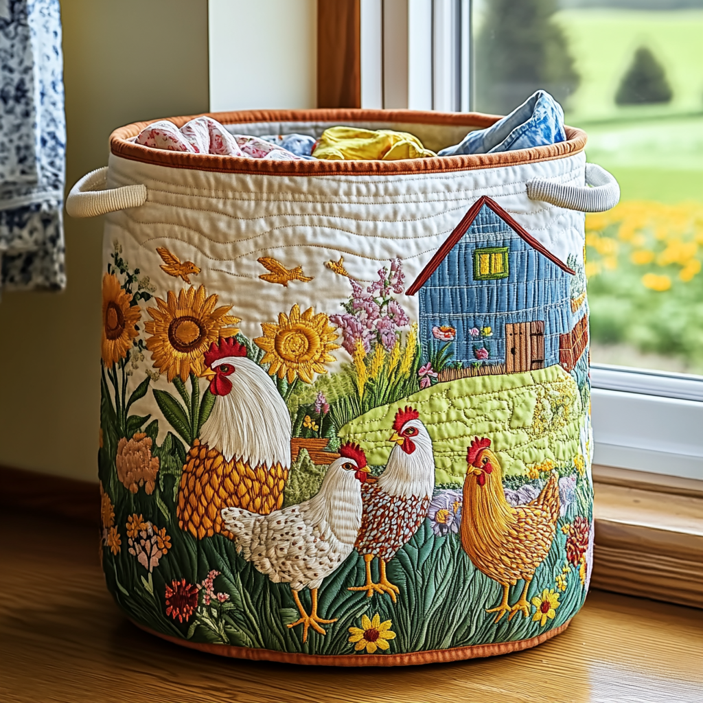 Quilted Laundry Basket with Country Chickens