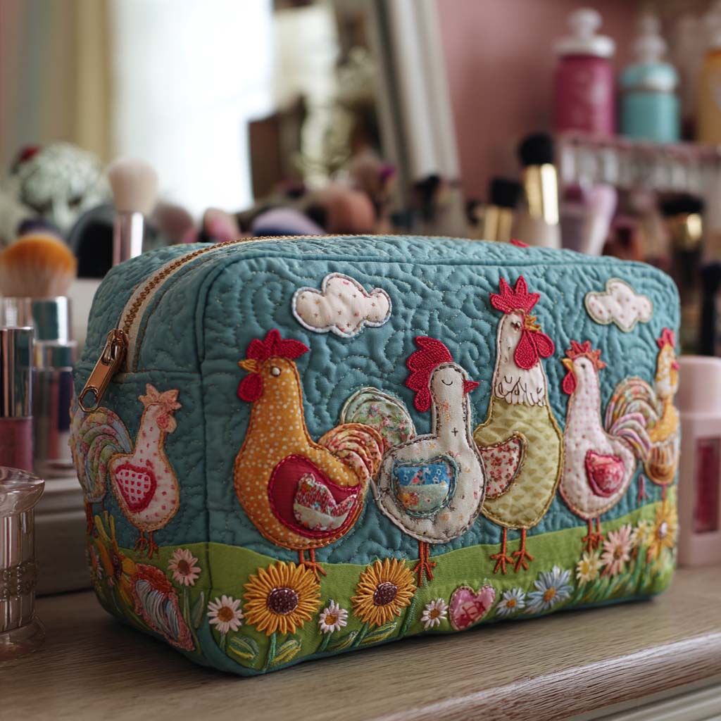 Quilted Makeup Bag with Chickens in the Garden