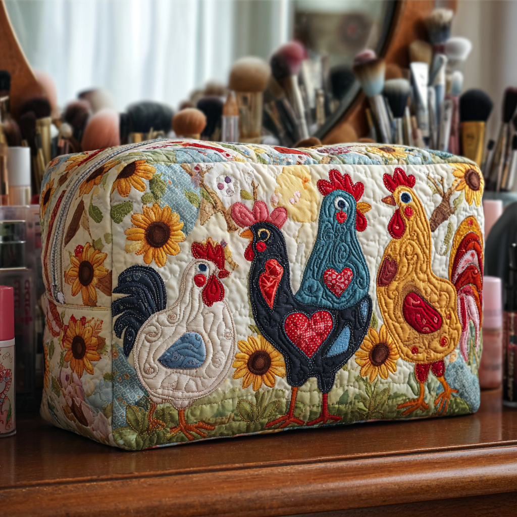 Quilted Makeup Bag with Chickens in the Trees