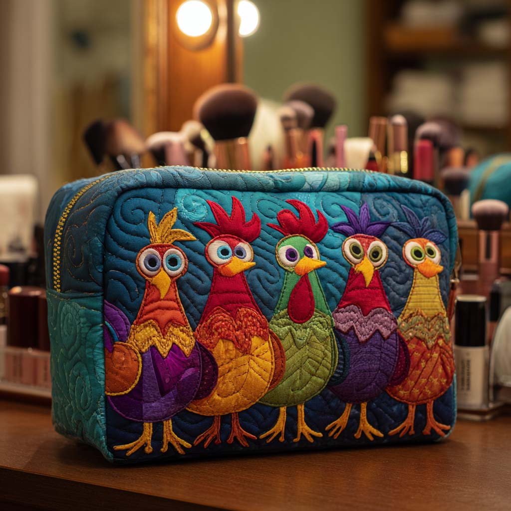 Quilted Makeup Bag with Chicken and Hearts
