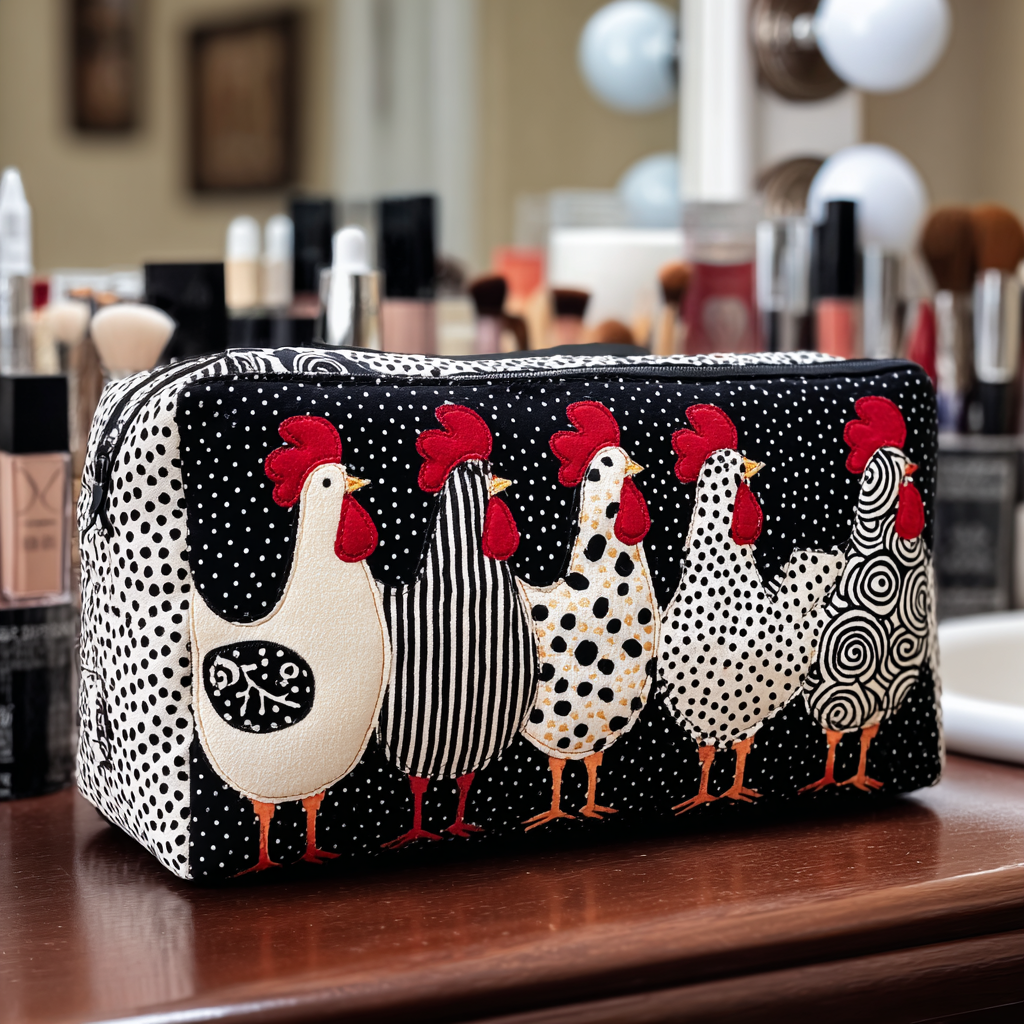 Quilted Makeup Bag with Hen in Nest