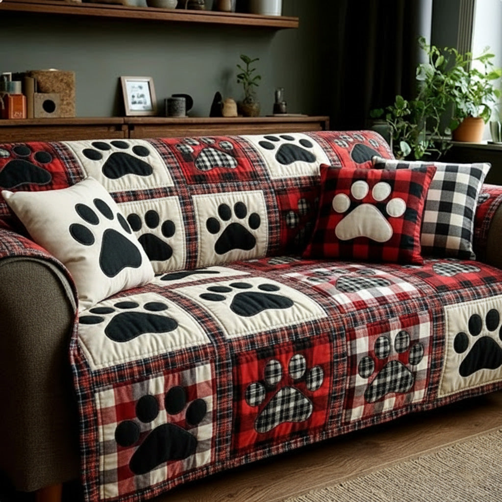 Quilted Sofa Cover with Paw Prints