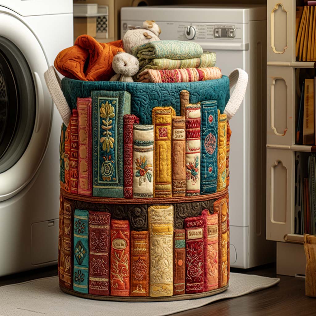 Quilted Laundry Basket with Literary Pattern