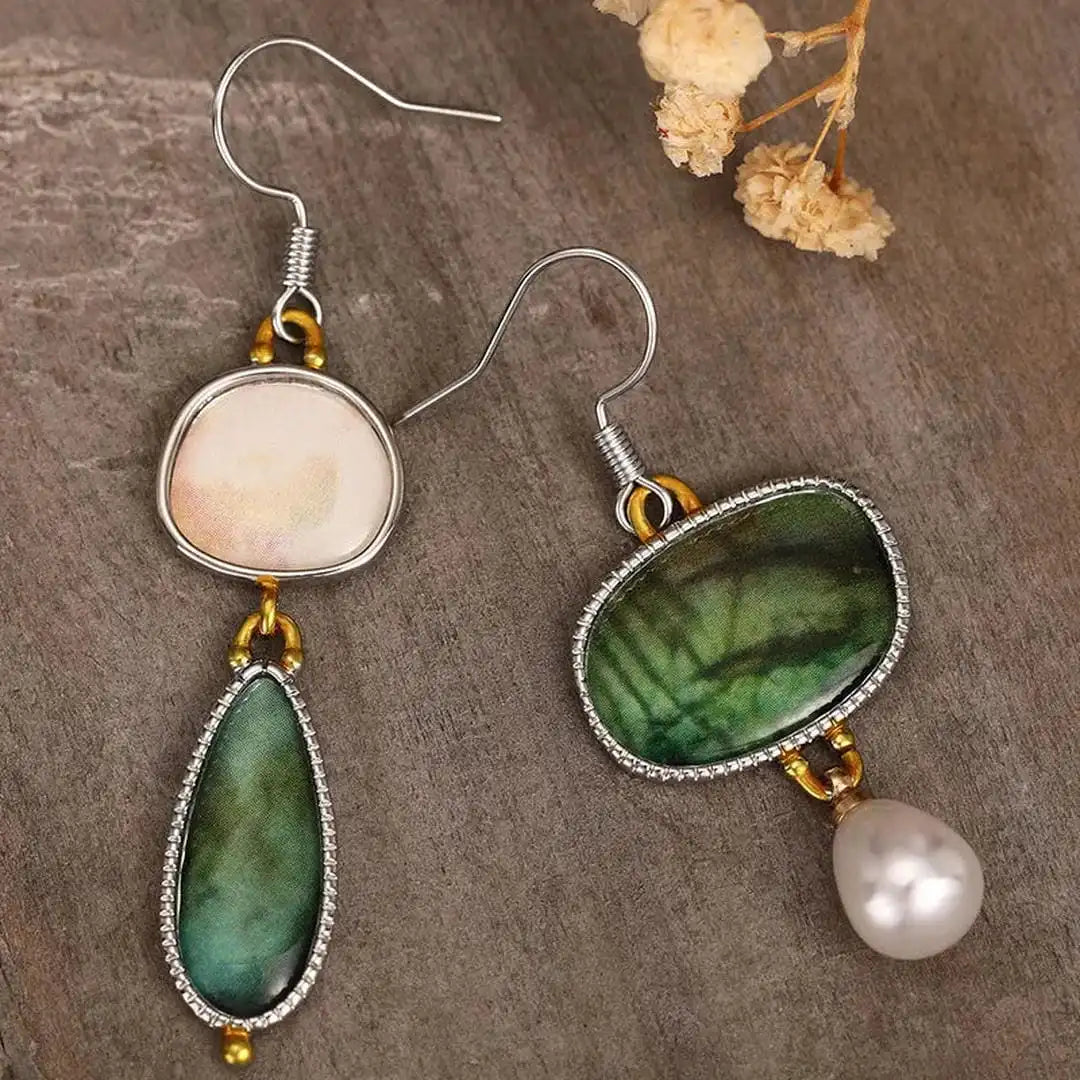 Asymmetric Earrings with Green Stone and Pearl