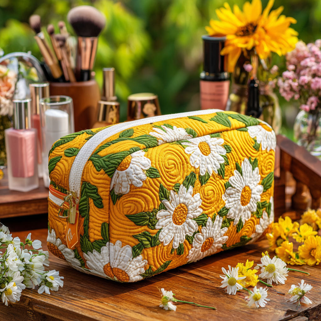 Quilted Makeup Bag with Delicate Daisies