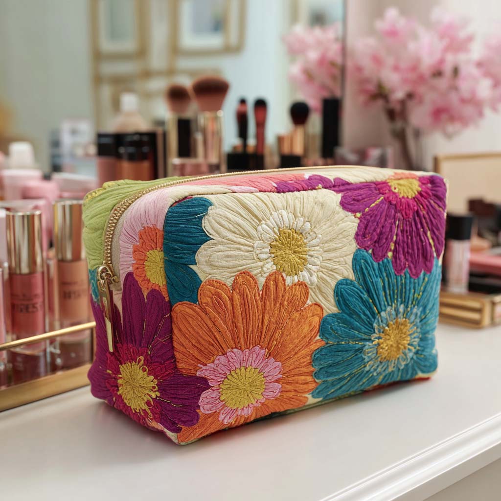 Quilted Makeup Bag with Glowing Daisies