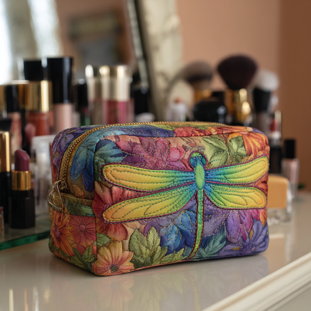 Quilted Makeup Bag with Dragonflies in the Meadow