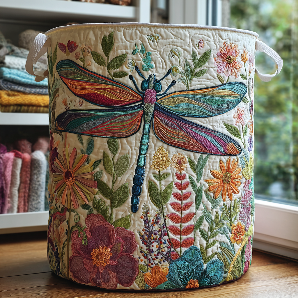 Quilted Laundry Basket with Dragonflies