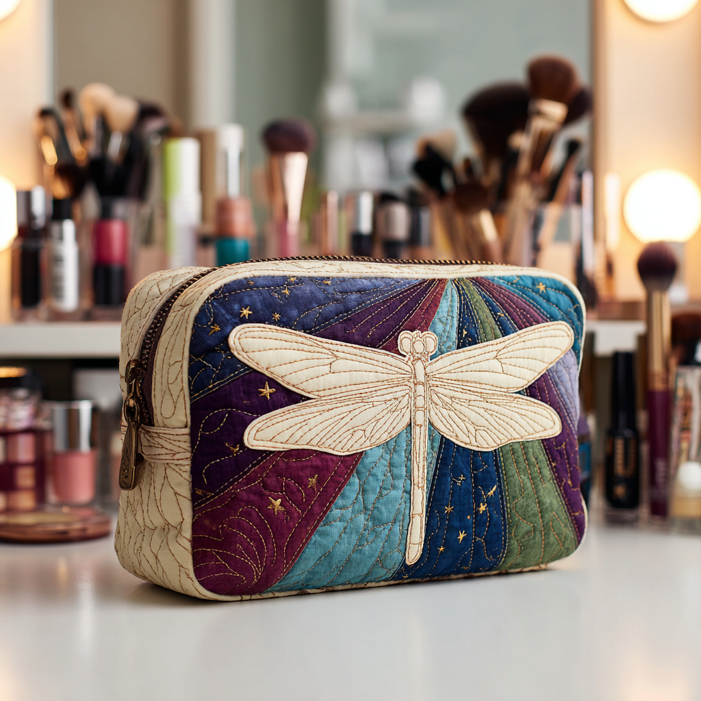 Quilted Makeup Bag with Dragonfly Garden
