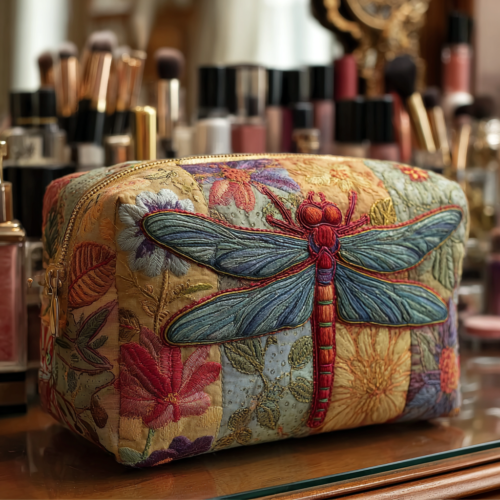 Quilted Makeup Bag with Elegant Dragonfly