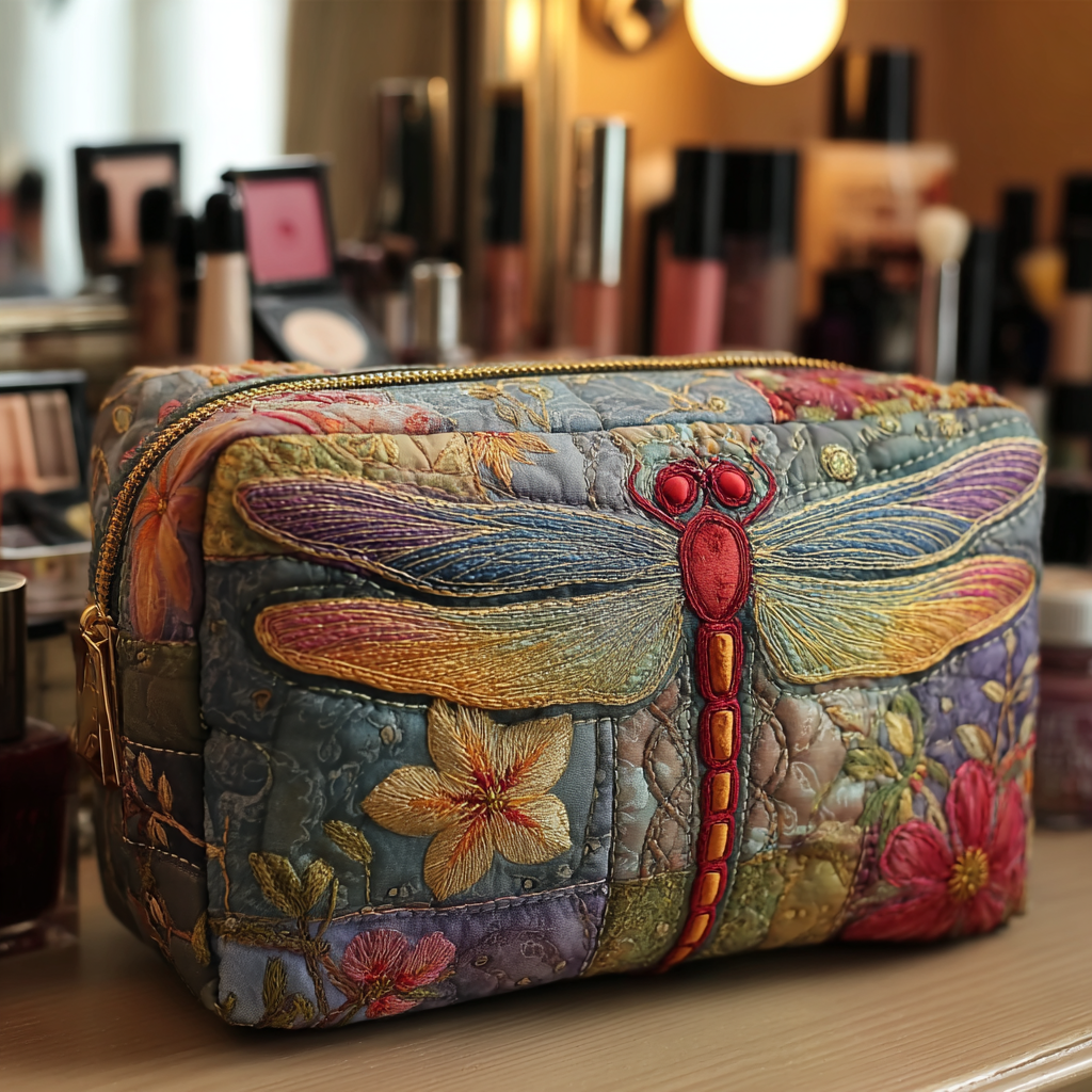 Quilted Makeup Bag with Dragonflies in the Meadow