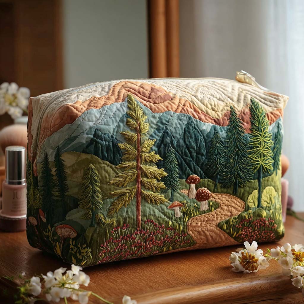 Quilted Makeup Bag with Evergreen Forest