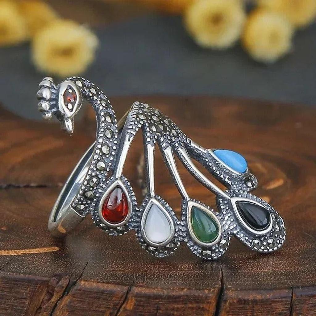 Ethnic Ring with Peacock and Colourful Stones in White Gold
