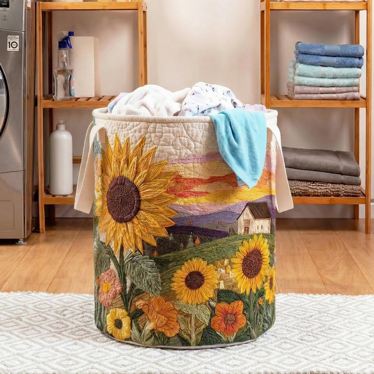 Quilted Laundry Basket with Floral Design