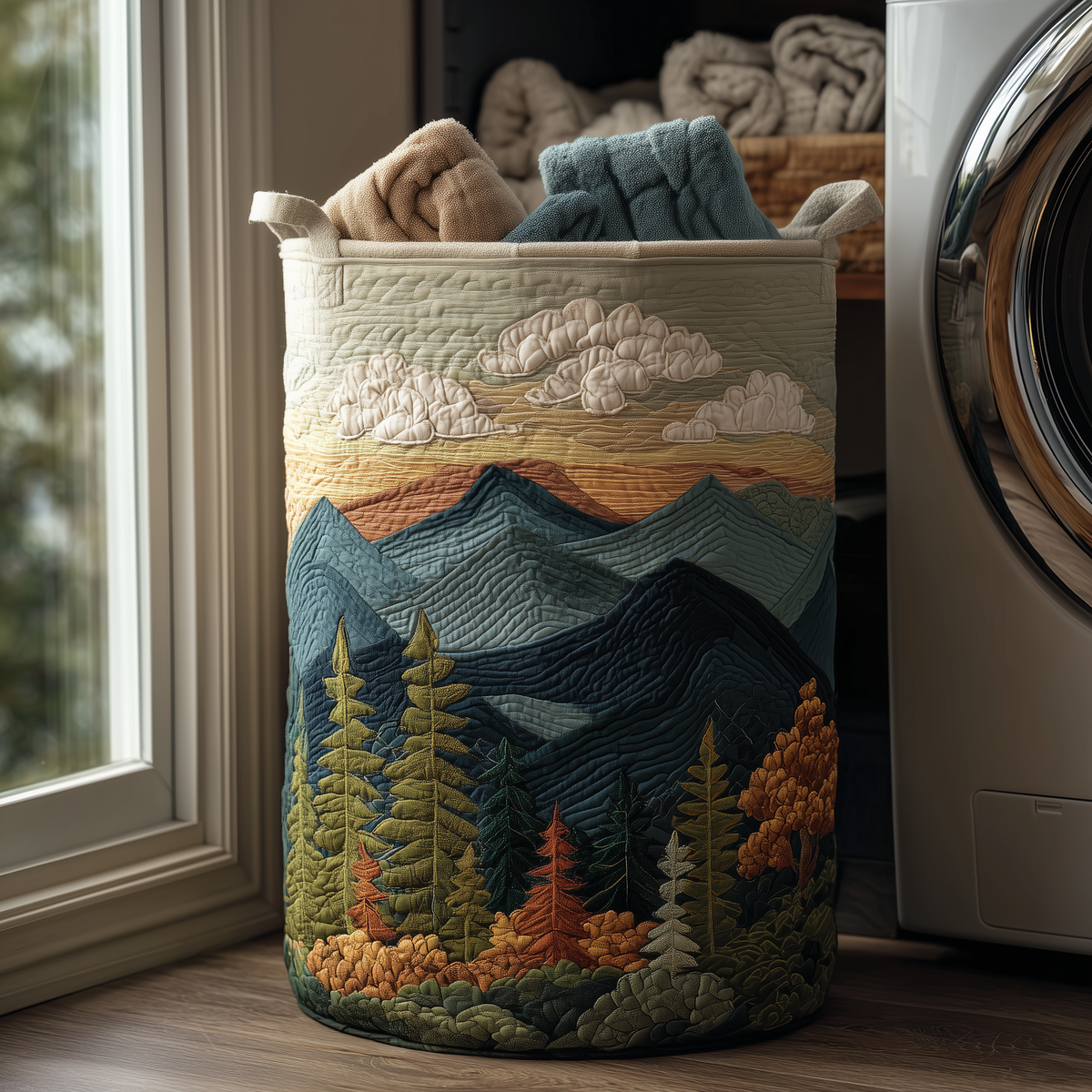 Quilted Laundry Basket with Nature Landscape