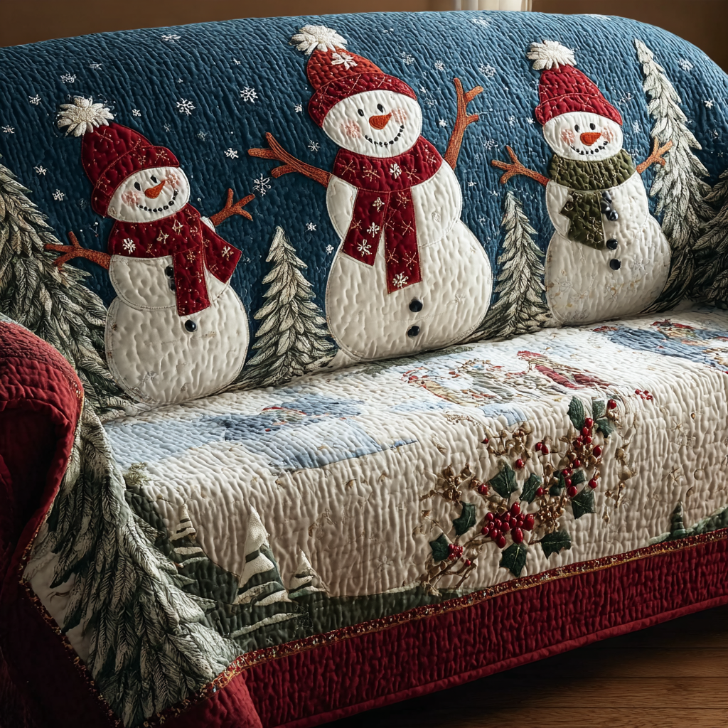 Quilted Sofa Cover with Smiling Snowman