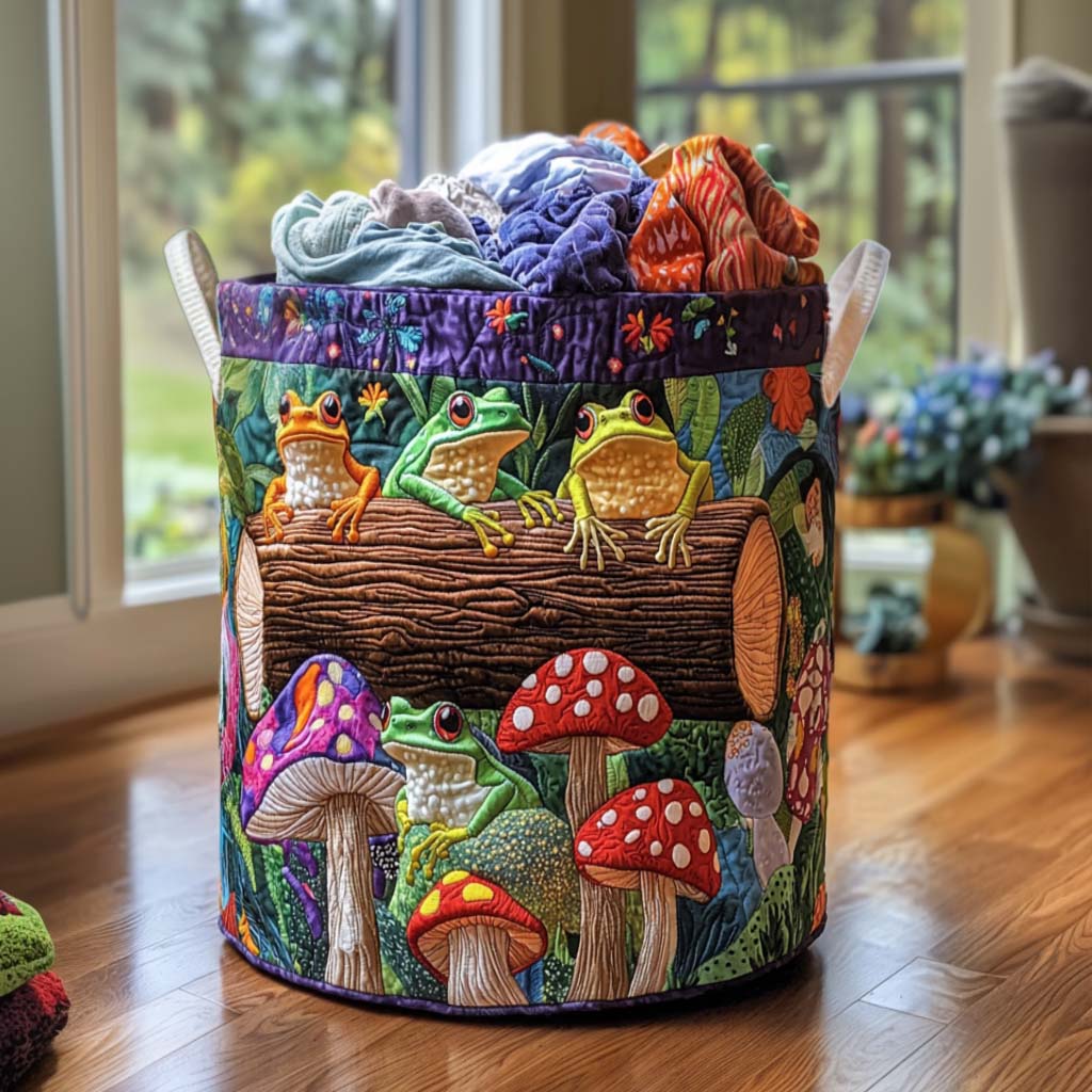 Quilted Laundry Basket with Happy Frogs