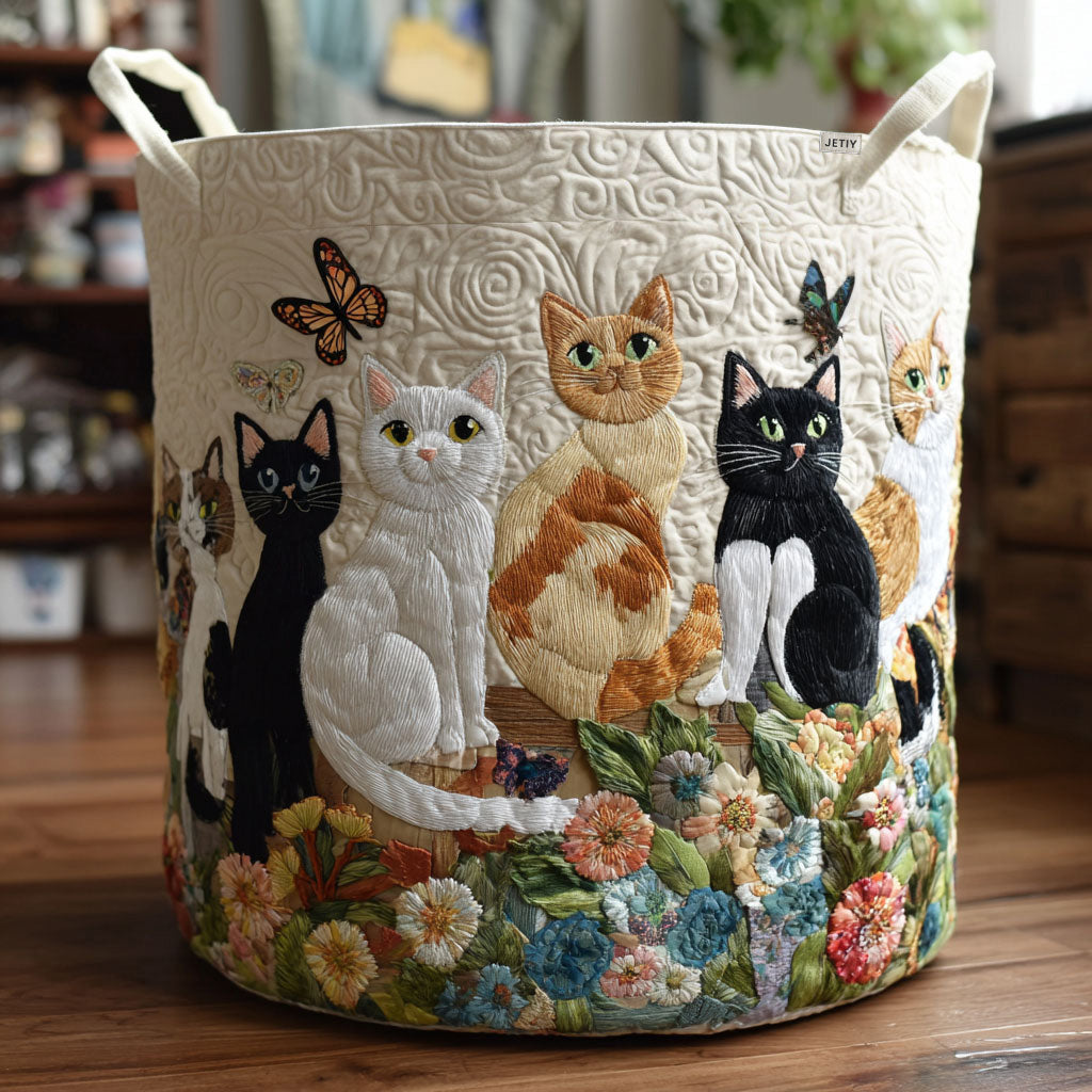Quilted Laundry Basket with Cats and Flowers