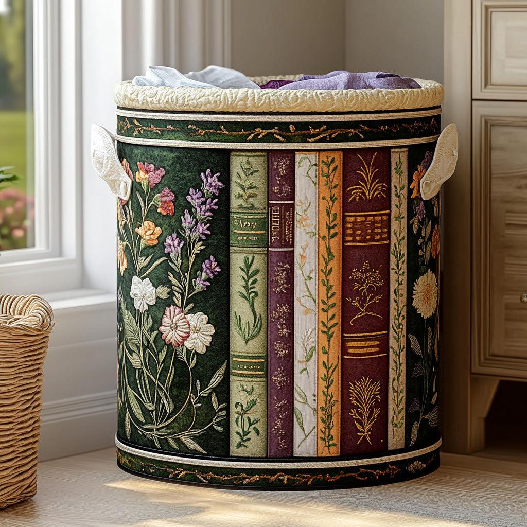 Quilted Laundry Basket with Books and Blooming Garden