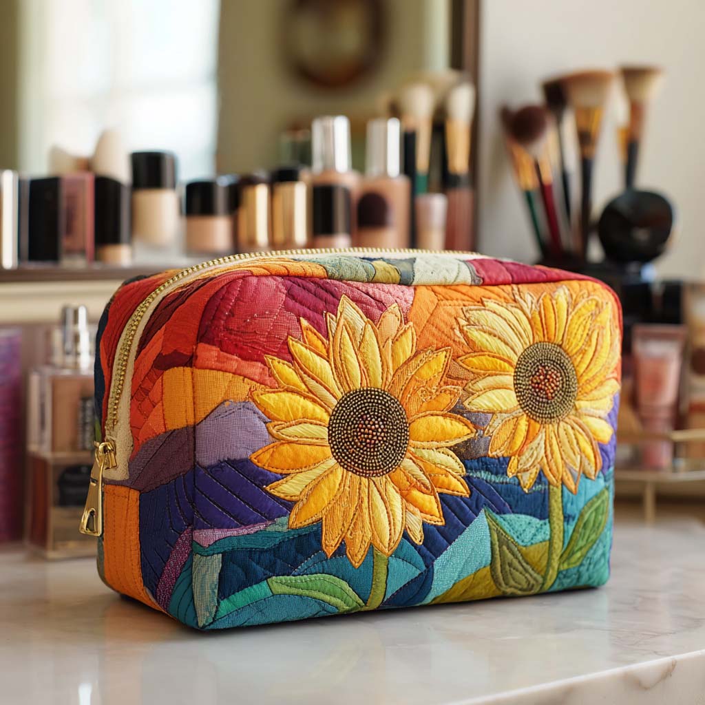 Quilted Makeup Bag with Golden Flower